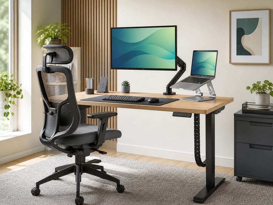 Ergonomic office setup with standing desk, chair, monitor arm, and laptop stand