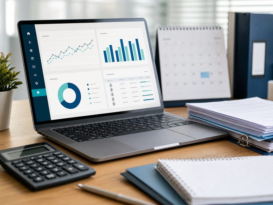 Laptop showing payroll dashboard with calculator and paperwork
