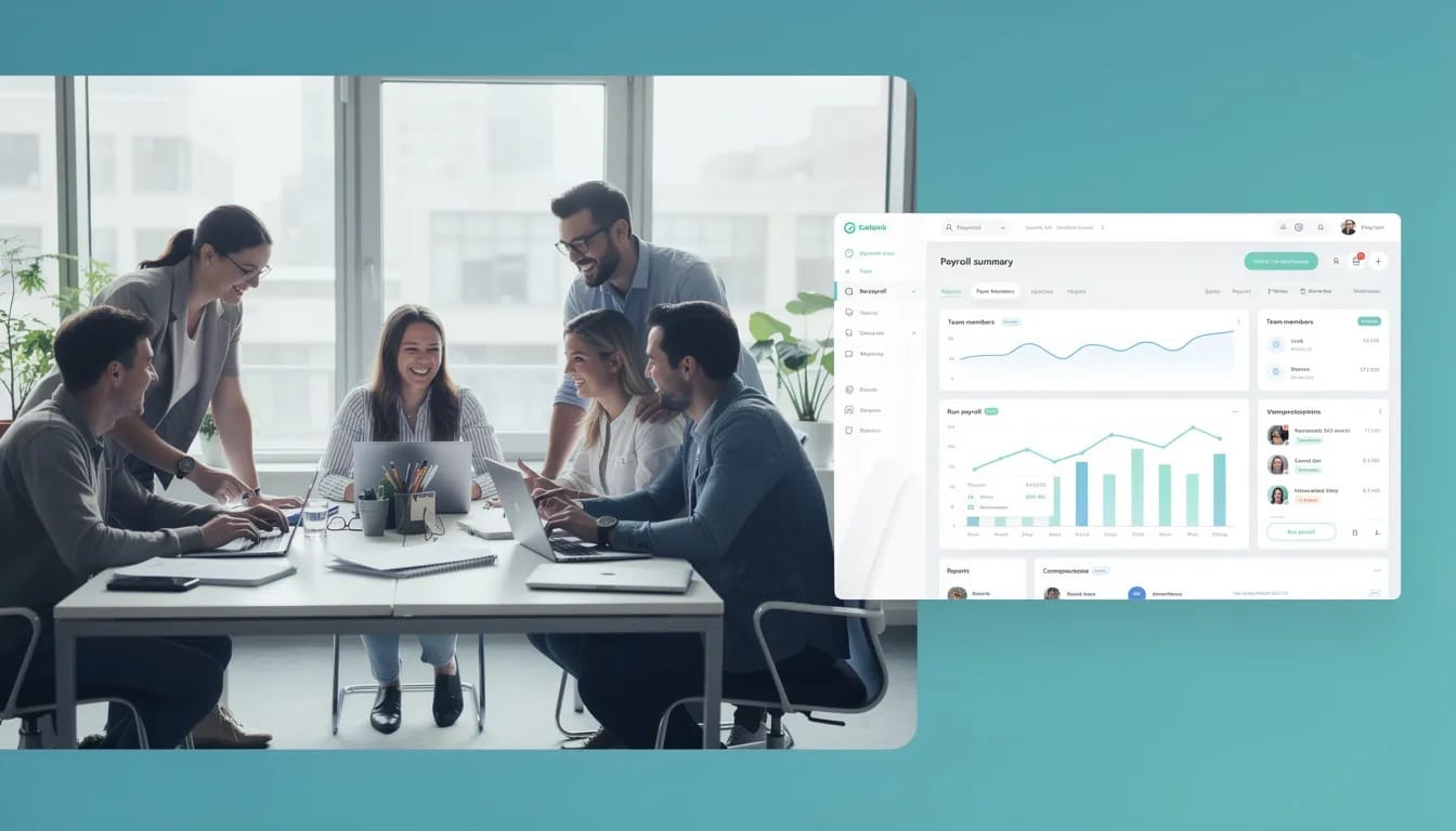 The image depicts a diverse group of small business owners collaborating at a modern workspace, surrounded by laptops and paperwork related to payroll processing. They are engaged in discussions about best payroll software for startups, emphasizing the importance of accurate payroll data and compliance support for their startups.