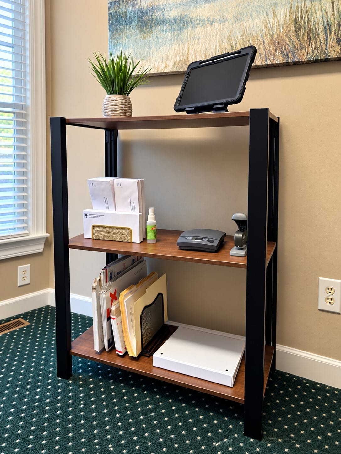 UPLIFT Sequence Shelving short unit with a black frame and three walnut shelves in daily use: a potted plant and a tablet in a rugged case on the top shelf, envelopes in a mesh holder and small desk items on the middle shelf, and file folders and mailers in a folder rack beside a white binder on the bottom shelf.