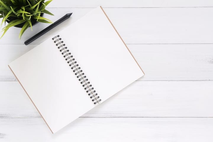 Open notebook on a desk with pen and plant