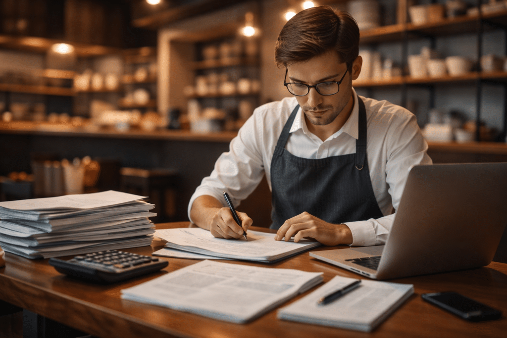 Best Payroll Software for Restaurants. Restaurant owner handling payroll paperwork